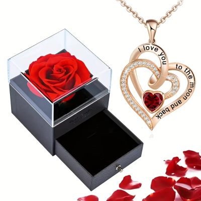 Presente Especial com Colar "I Love You to the Moon and Back" e Rosa Eternizada