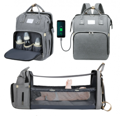 Mochila Mala Fraldario Berço Portatil Cama Bebe USB Dobravel e multifuncional