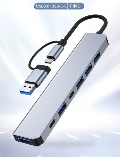 Hub USB 3.0 e USB-C 7 em 1 Adaptador de Alta Velocidade para Transferência de Dados e Carregamento