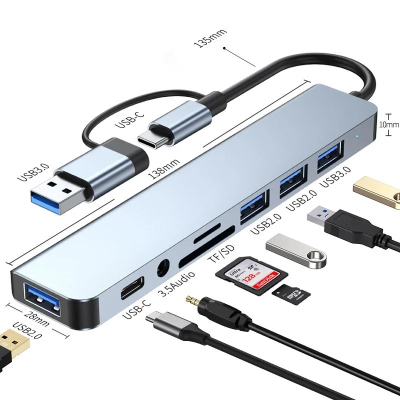Hub USB 3.0 USB-C 8 em 1 SD TF Jack 3.5 aux
