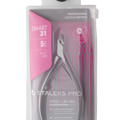 Alicate profissional para cutículas Staleks Pro SMART 31 em embalagem transparente com detalhes em rosa