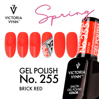 Esmalte em gel Victoria Vynn vermelho tijolo com mostras de unhas pintadas