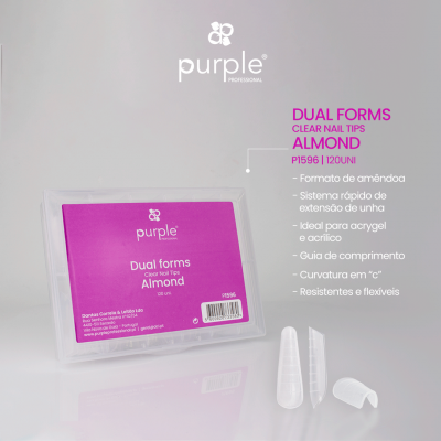 Caixa transparente com pontas de unhas claras formato amêndoa e texto descritivo da marca Purple Professional Dual Forms Almond.