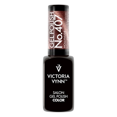 Frasco de verniz gel para unhas da Victoria Vynn com tampa castanha brilhante e texto branco