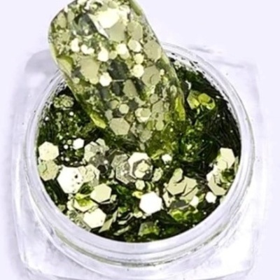 Frasco transparente com glitter verde e dourado hexagonal e redondo