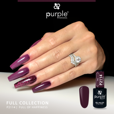 Verniz gel roxo escuro Purple Professional P2114 com unhas decoradas e texto promocional