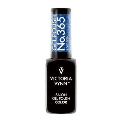 Frasco de verniz gel preto com tampa azul cintilante e texto branco