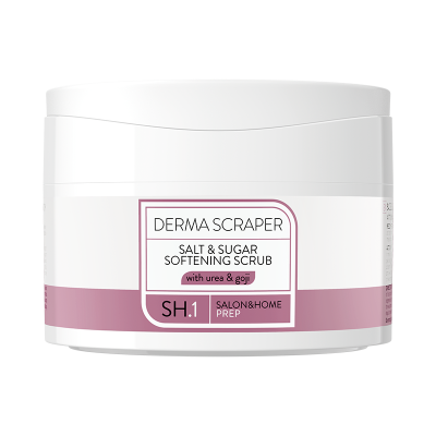 Embalagem de creme esfoliante Derma Scraper Salt & Sugar Softening Scrub branca e rosa.
