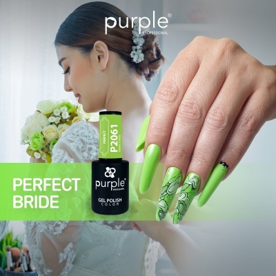 Verniz gel verde e unhas decoradas com flores ao lado de noiva com bouquet e texto PERFECT BRIDE