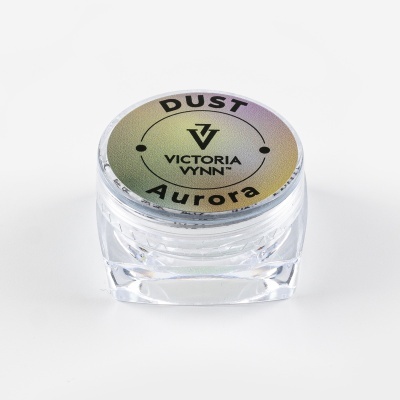 Recipiente pequeno transparente com tampa holográfica com texto 'DUST Aurora VICTORIA VYNN'
