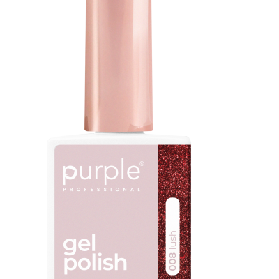 Verniz gel Purple Professional cor 008 lush com tampa rosa metálica e rótulo rosa claro com glitter vermelho.