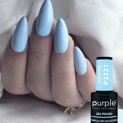Unhas com verniz gel azul pastel P2321 da Purple Professional
