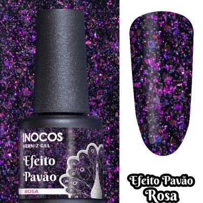 Verniz gel Inocos Efeito Pavão Rosa com glitter rosa e roxo