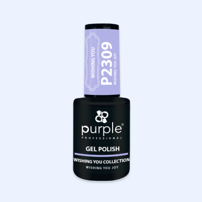 Frasco de verniz gel preto com tampa lilás e texto branco