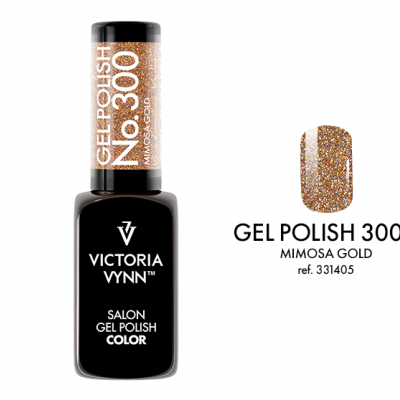 Verniz gel Victoria Vynn cor Mimosa Gold com amostra da cor dourada brilhante