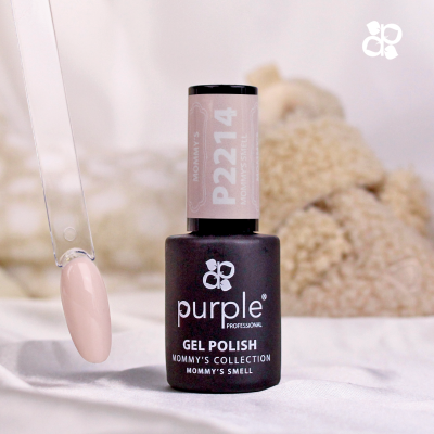 frasco de esmalte de gel cor bege claro com tampa rosa e amostra