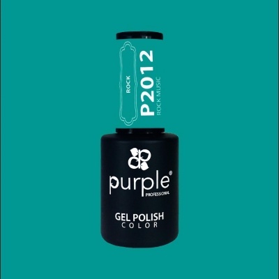 Frasco de verniz gel preto Purple Professional com tampa azul e texto P2012 ROCK ROCK MUSIC