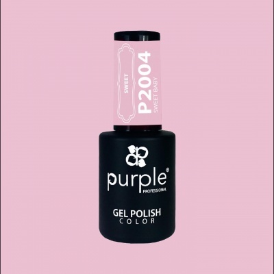 Frasco de verniz gel para unhas roxo com rótulo rosa