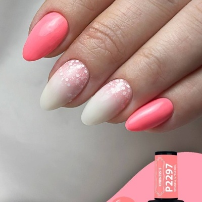 Unhas manicure com gel polish rosa coral e branco, frasco de verniz gel P2297 da purple professional