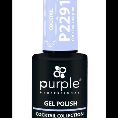 Frasco de verniz gel preto com tampa lilás e texto branco.