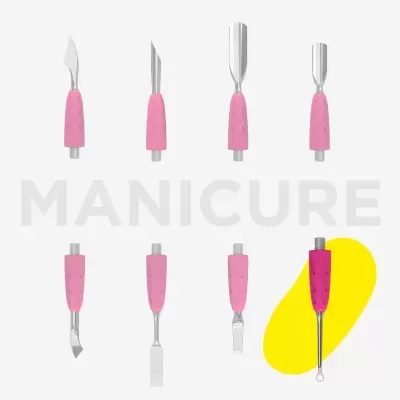 Conjunto de oito pontas para manicure com cabos rosa em fundo branco com palavra MANICURE e destaque amarelo