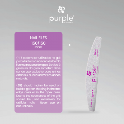 Lima de unhas abrasiva cinzenta curvada Purple Professional com instruções em português e inglês