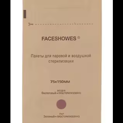 Saco para esterilização FACESHOWES castanho e branco com texto em russo