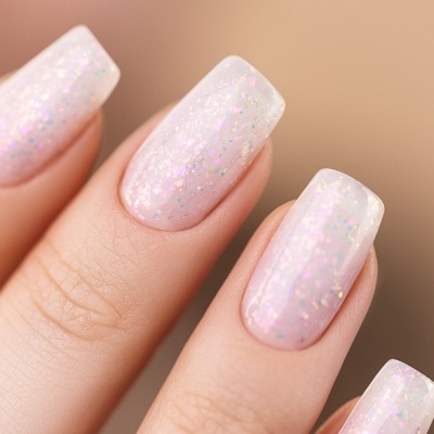 Unhas com verniz branco translúcido com brilho cintilante