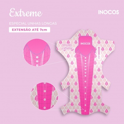 Molde para unhas rosa e branco com texto e padrão decorativo