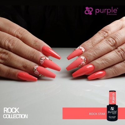 Unhas postiças cor de coral com decoração e frasco de verniz Purple Professional Rock Star