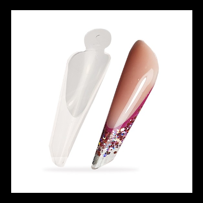 Duas unhas artificiais, uma transparente e outra decorada com glitter e degradê