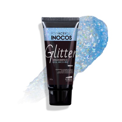 POLYACRYGEL GLITTER HOLOGRÁFICO AZUL ARCO-ÍRIS INOCOS