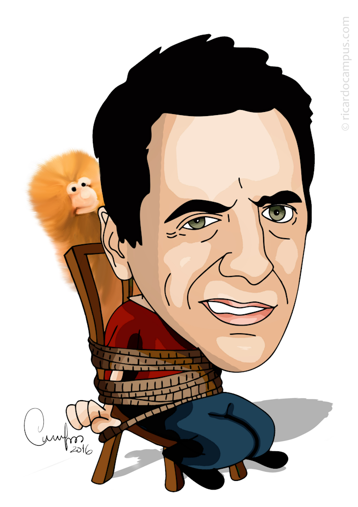 Caricatura de homem amarrado numa cadeira com marioneta felpuda nas costas, fundo branco