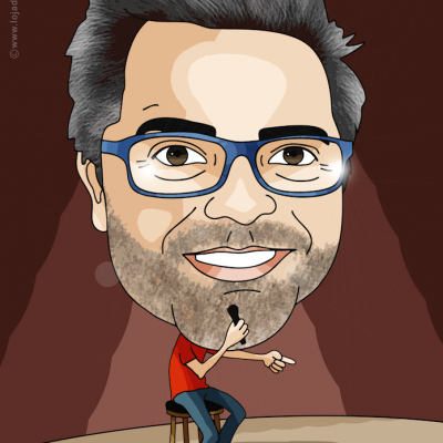 Caricaturas temáticas Caricatura de homem sentado num palco com óculos azuis e t-shirt vermelha