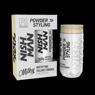 Embalagem e frasco de pó para estilização capilar NISH MAN Milky Powder Styling branco e dourado