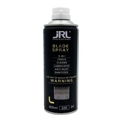 Spray JRL Blade Spray preto de 400ml com texto funcional e aviso