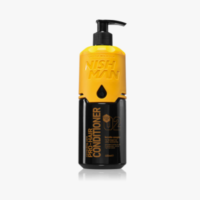 Frasco amarelo e preto de condicionador de cabelo NISH MAN com doseador