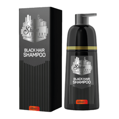 Shampoo Black Hair Shampoo em frasco preto com doseador e embalagem preto com texto branco
