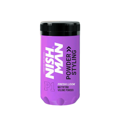 Embalagem roxa de pó de styling Nish Man com tampa preta e texto branco e preto