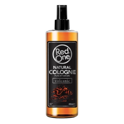 Frasco de colónia natural Red One volcanic com líquido âmbar e etiqueta preta