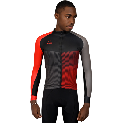 Camisola de ciclismo preta, cinzenta e vermelha com padrão de riscas verticais e fecho frontal