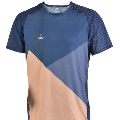 Camisola de manga curta bicolor azul e bege com logo em3 no peito