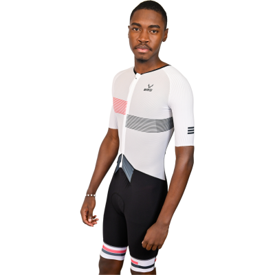Fato Triatlo Completo com Abertura Riscas Branco Preto-Vermelho