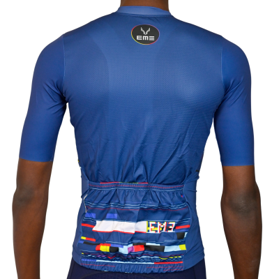 Camisola ciclismo azul com padrão colorido e logótipo EME nas costas