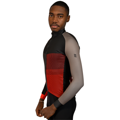 Camisola desportiva de manga comprida com padrão vermelho, preto e cinza