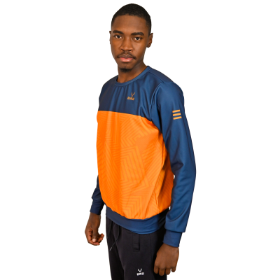 Sweatshirt desportiva azul escuro e laranja com padrão geométrico e logótipo branco