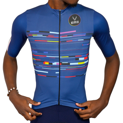 Camisola de ciclismo azul com padrões multicoloridos e fecho de correr frontal