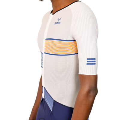 Fato Triatlo Completo com Abertura Riscas Branco Azul-Laranja