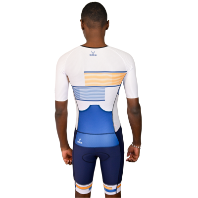 Fato Triatlo Completo com Abertura Riscas Branco Azul-Laranja