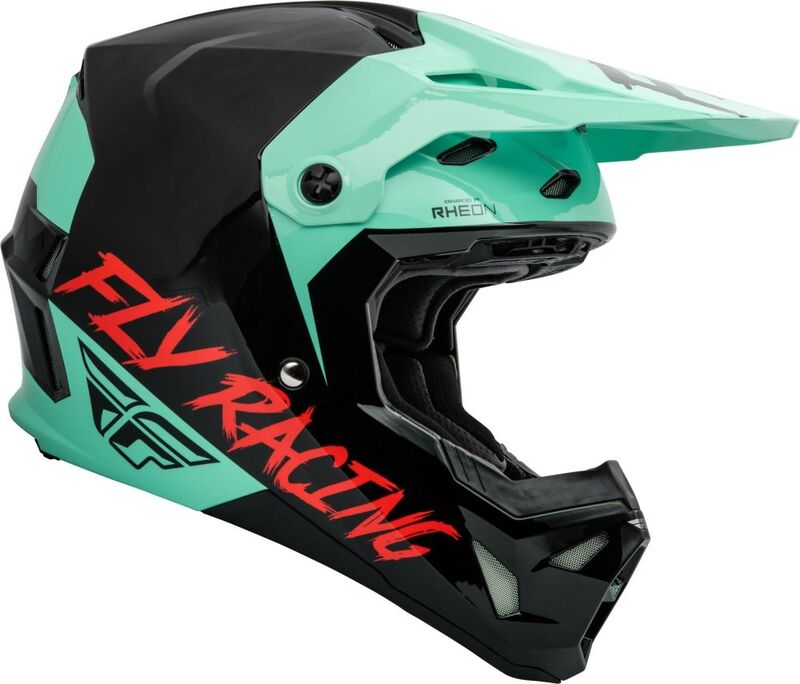 Capacete FLY RACING Formula CP Preto Menta Capacete integral de motocross preto e verde água com texto vermelho FLY RACING